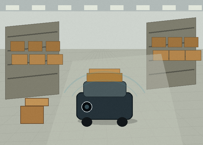 2D LiDAR sensor on autonomous mobile robot moving through a warehouse aisle