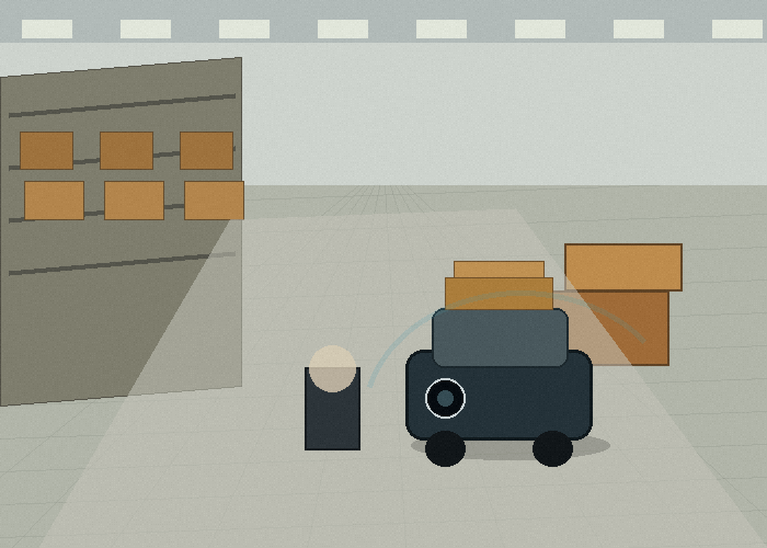 AMR using a 2D LiDAR sensor near pallets in a warehouse cross-aisle