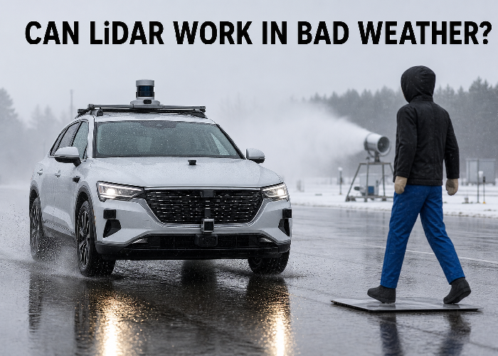 Automotive LiDAR test vehicle approaching a soft target in wet foggy weather