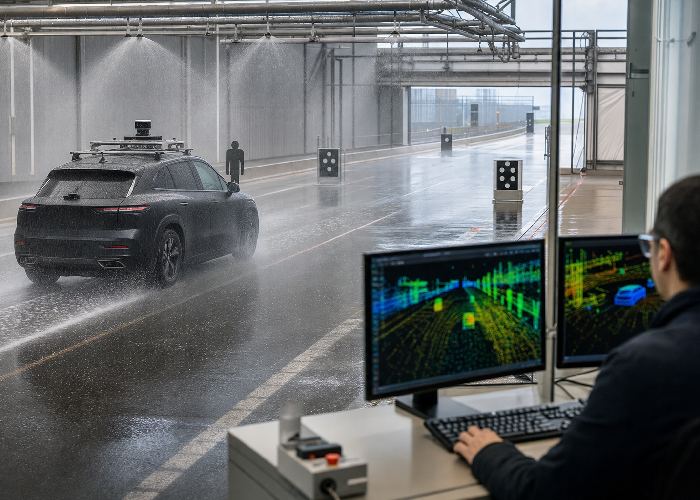 Automotive LiDAR vehicle in a controlled rain test lane