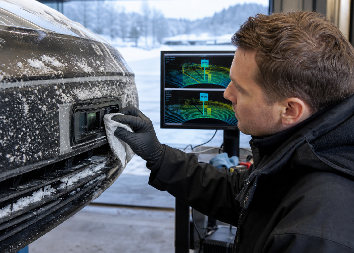Technician cleaning an automotive LiDAR window after snow and road salt