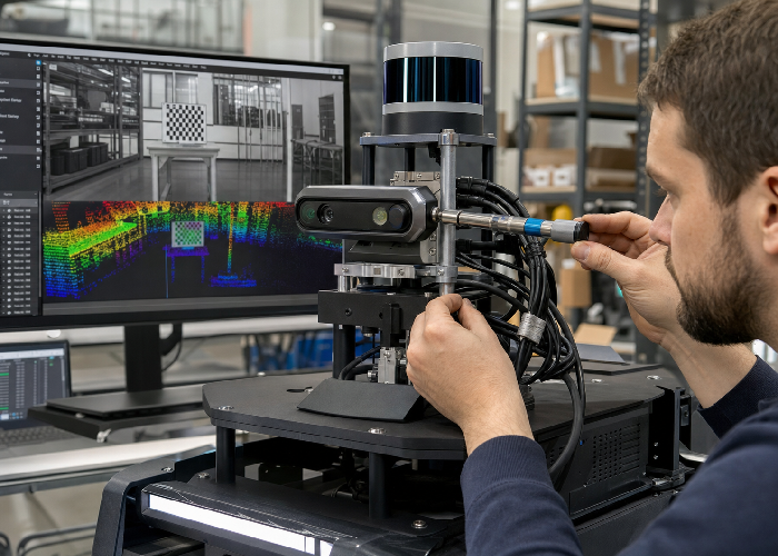 Technician verifying a rigid 3D LiDAR camera and IMU sensor rig