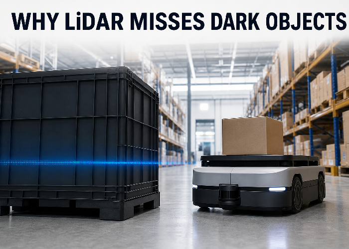 2D LiDAR robot approaching a matte-black warehouse tote