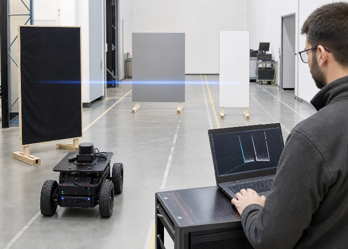 Engineer comparing 2D LiDAR returns from black gray and white targets