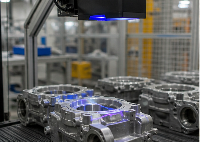 3D LiDAR profiler inspecting component edges on a production line in a realistic LiDAR application scene