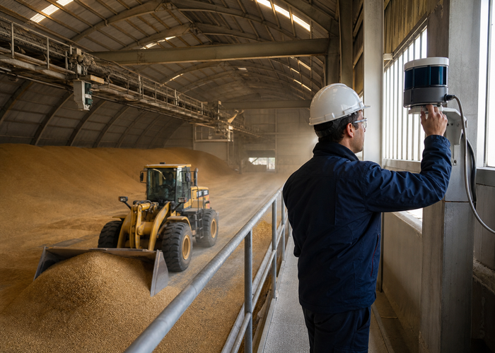 fixed LiDAR monitoring grain in a flat storage warehouse validation scene 3