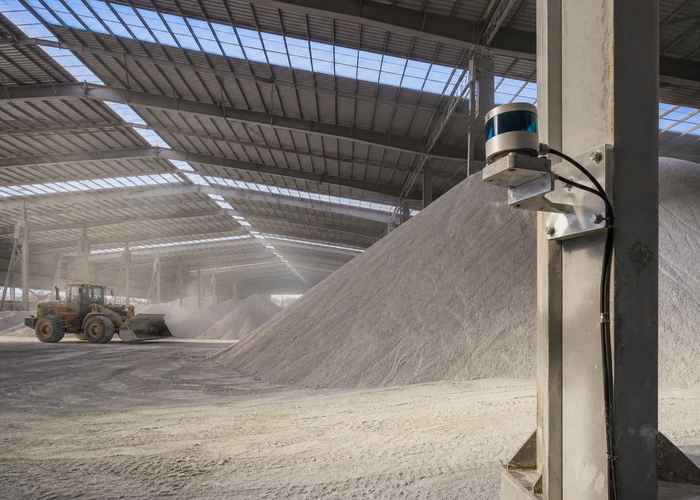 fixed LiDAR monitoring gypsum powder in a covered warehouse in a realistic LiDAR application scene