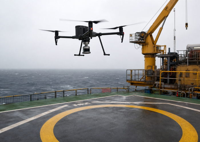 industrial drone using downward LiDAR over an offshore service platform landing deck in a realistic LiDAR application scene