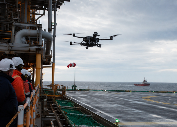 industrial drone using downward LiDAR over an offshore service platform landing deck validation scene 2