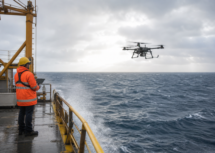 industrial drone using downward LiDAR over an offshore service platform landing deck validation scene 3