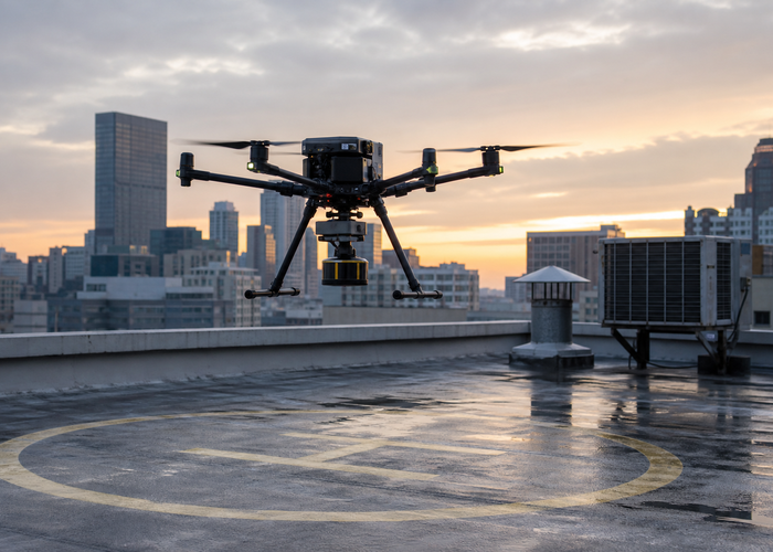industrial drone using downward LiDAR over a rooftop landing pad in a realistic LiDAR application scene