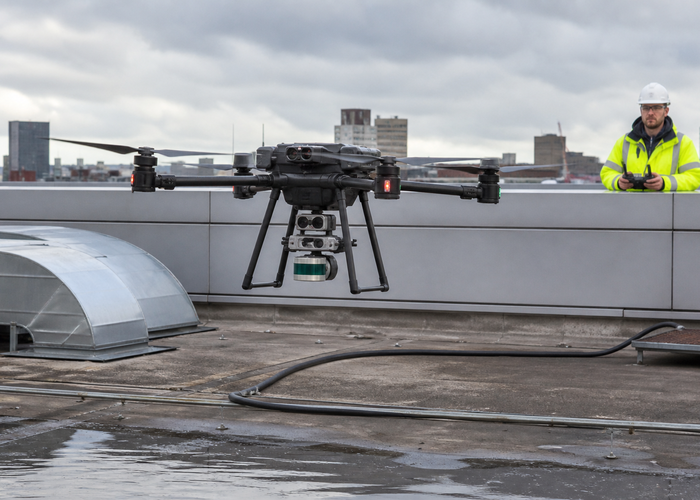 industrial drone using downward LiDAR over a rooftop landing pad validation scene 2