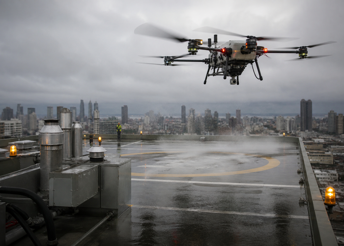 industrial drone using downward LiDAR over a rooftop landing pad validation scene 3