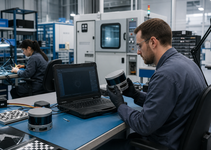 LiDAR engineering team diagnosing a returned sensor in a professional electronics laboratory in a realistic LiDAR application scene