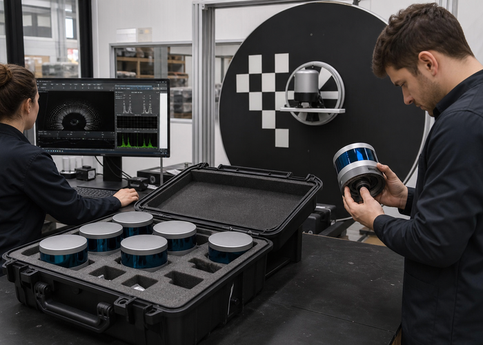 LiDAR engineering team diagnosing a returned sensor in a professional electronics laboratory validation scene 3