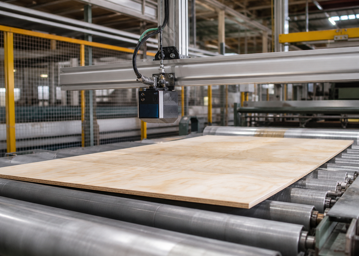 LiDAR profiling plywood panels on a finishing line in a realistic LiDAR application scene