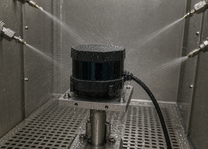 LiDAR sensor ingress-protection qualification laboratory in a realistic LiDAR application scene