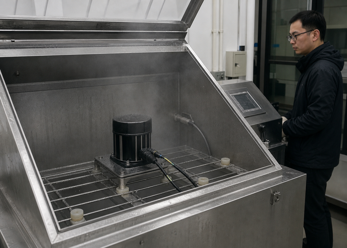 LiDAR sensor salt-mist corrosion qualification in a test laboratory in a realistic LiDAR application scene