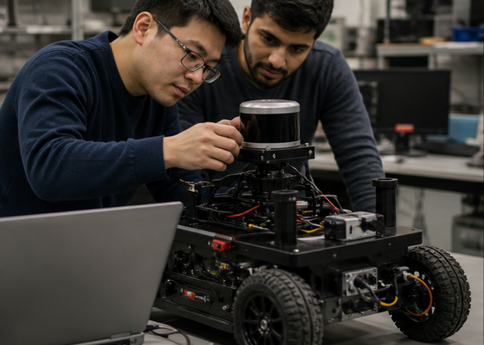 engineers validating LiDAR sensor firmware on a physical robot test bench in a realistic LiDAR application scene