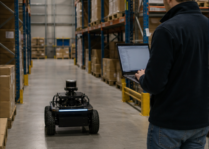 engineers validating LiDAR sensor firmware on a physical robot test bench validation scene 2