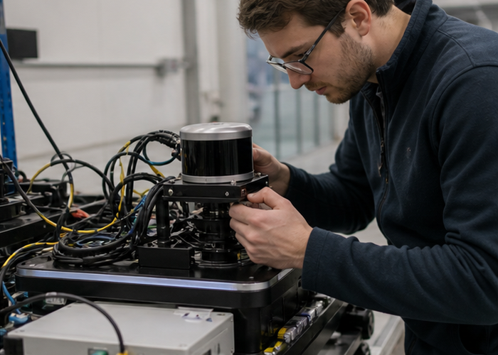 engineers validating LiDAR sensor firmware on a physical robot test bench validation scene 3