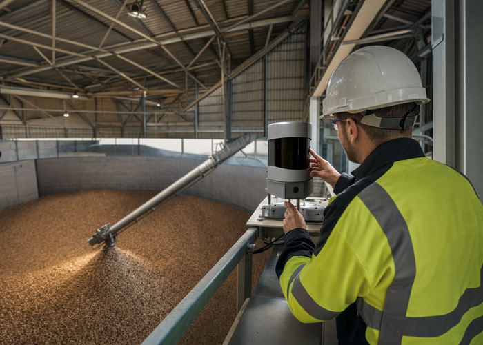LiDAR measuring wood pellet volume inside a biomass storage silo validation scene 3