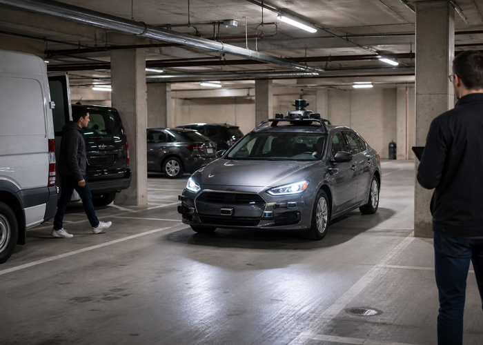 passenger vehicle using LiDAR for parking in a multilevel concrete garage validation scene 3