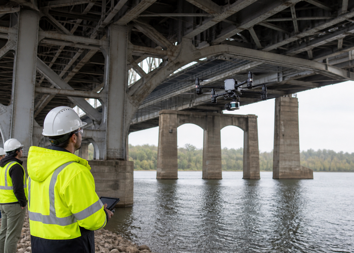inspection drone using LiDAR beneath a steel bridge in a realistic LiDAR application scene