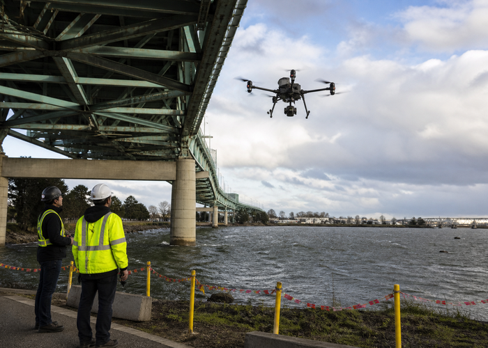 inspection drone using LiDAR beneath a steel bridge validation scene 3