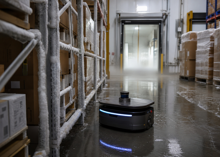 autonomous mobile robot using LiDAR in a refrigerated warehouse in a realistic LiDAR application scene