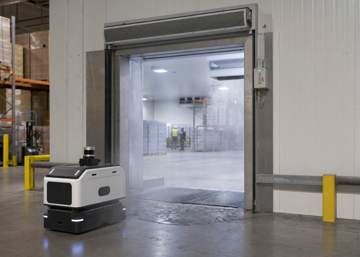 mobile robot LiDAR navigating a cold-storage doorway in a realistic LiDAR application scene