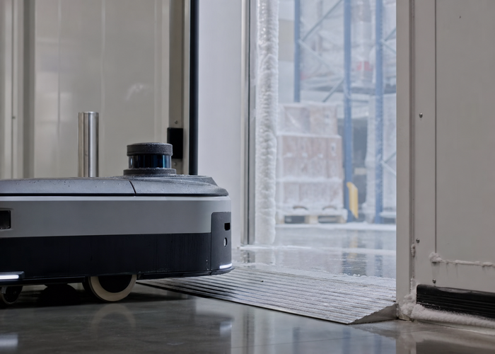 mobile robot LiDAR navigating a cold-storage doorway validation scene 2
