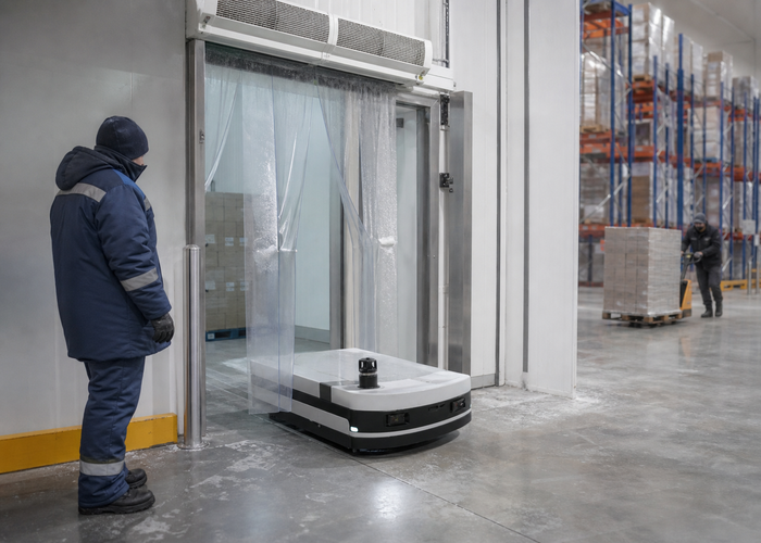 mobile robot LiDAR navigating a cold-storage doorway validation scene 3