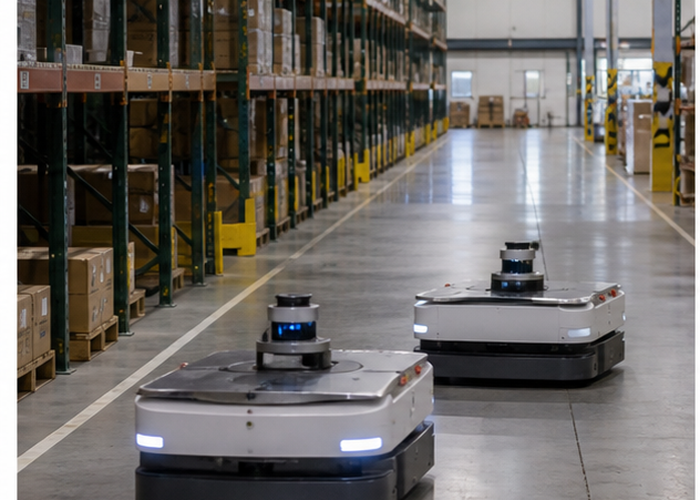 multiple warehouse robots testing robotic LiDAR cross-talk in a realistic LiDAR application scene