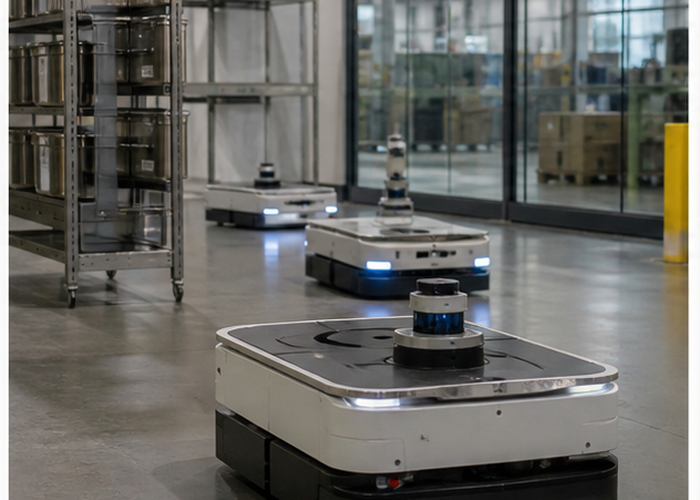 multiple warehouse robots testing robotic LiDAR cross-talk validation scene 2