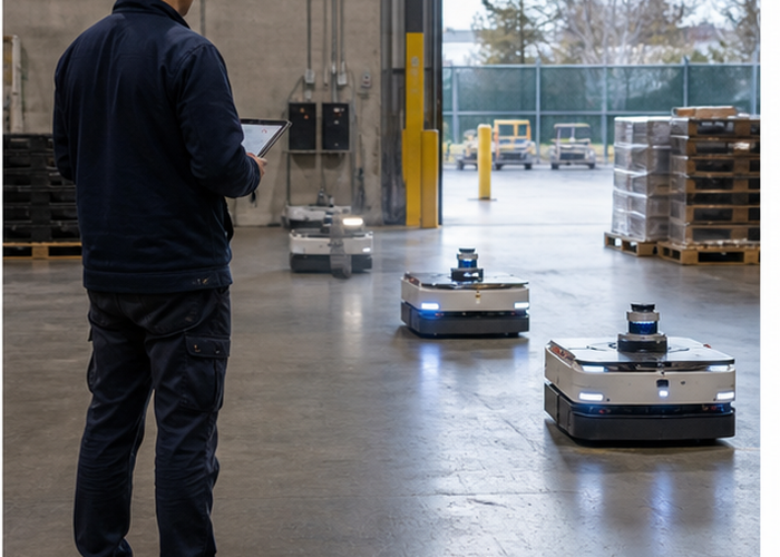 multiple warehouse robots testing robotic LiDAR cross-talk validation scene 3