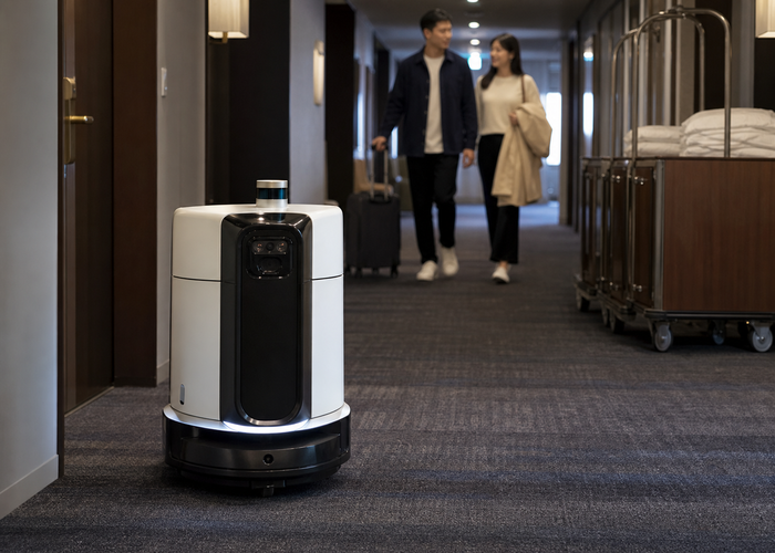 service robot using LiDAR in a hotel elevator lobby in a realistic LiDAR application scene