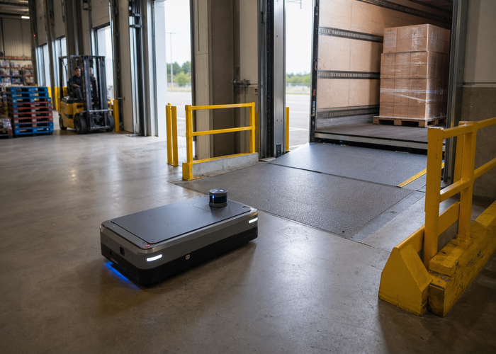 mobile robot LiDAR operating near a loading-dock leveler in a realistic LiDAR application scene
