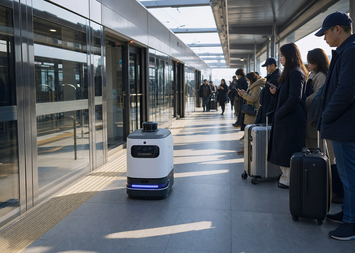 service robot using LiDAR on a modern train platform with screen doors in a realistic LiDAR application scene