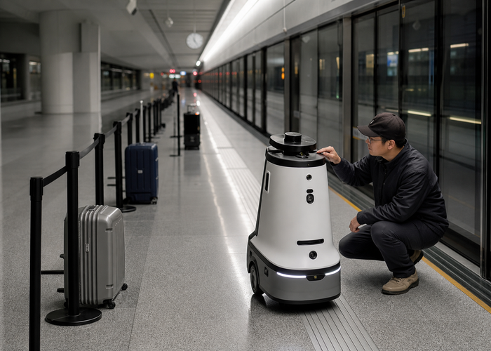service robot using LiDAR on a modern train platform with screen doors validation scene 3
