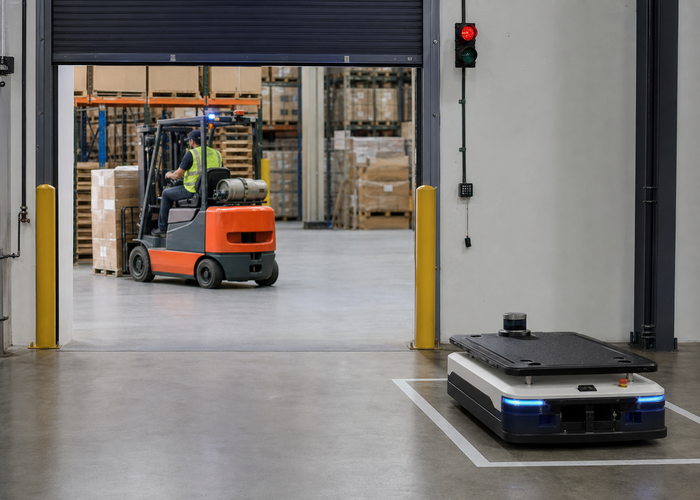 mobile robot LiDAR at a warehouse roll-up door validation scene 3