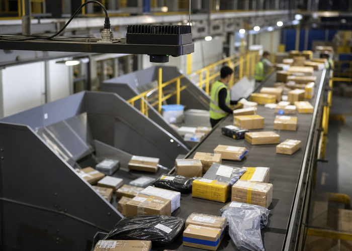 flash LiDAR depth sensor measuring parcels on a logistics conveyor in a realistic LiDAR application scene