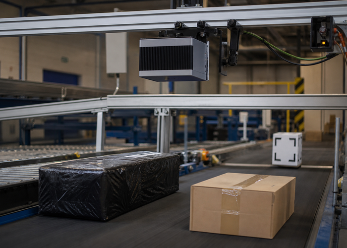 flash LiDAR depth sensor measuring parcels on a logistics conveyor validation scene 2