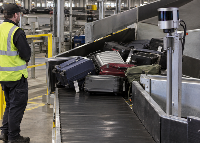 real airport baggage-handling tunnel with moving suitcases, conveyor chutes, a maintenance technician and visible unbranded physical 3D LiDAR sensors validation scene 2