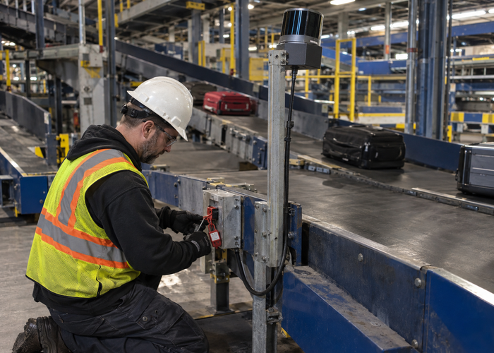 real airport baggage-handling tunnel with moving suitcases, conveyor chutes, a maintenance technician and visible unbranded physical 3D LiDAR sensors validation scene 3