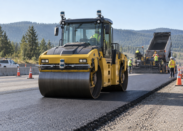 real asphalt roller compactor with physical 3D LiDAR sensors operating in a controlled roadwork zone with visible mat edges and safely separated workers in a realistic LiDAR application scene