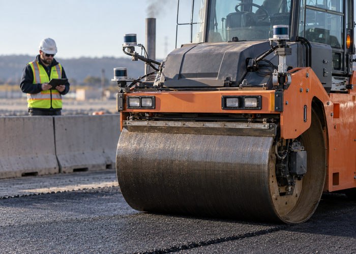 real asphalt roller compactor with physical 3D LiDAR sensors operating in a controlled roadwork zone with visible mat edges and safely separated workers validation scene 2