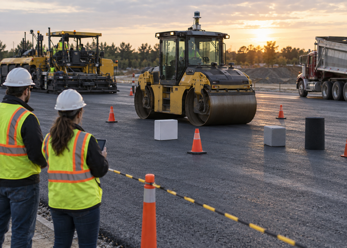 real asphalt roller compactor with physical 3D LiDAR sensors operating in a controlled roadwork zone with visible mat edges and safely separated workers validation scene 3