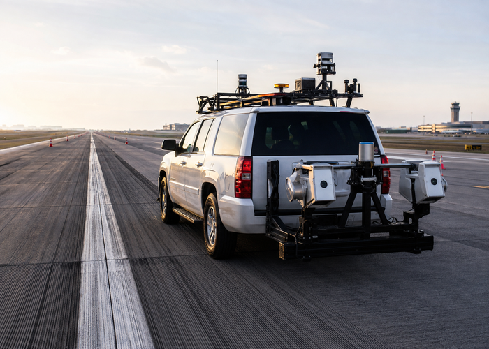 airport pavement survey vehicle with physical 3D LiDAR profiling a closed runway in a realistic LiDAR application scene