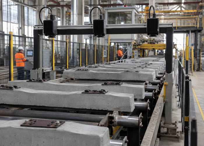 real precast concrete railway sleeper production line with physical unbranded LiDAR profile sensors scanning rail seats in a realistic LiDAR application scene